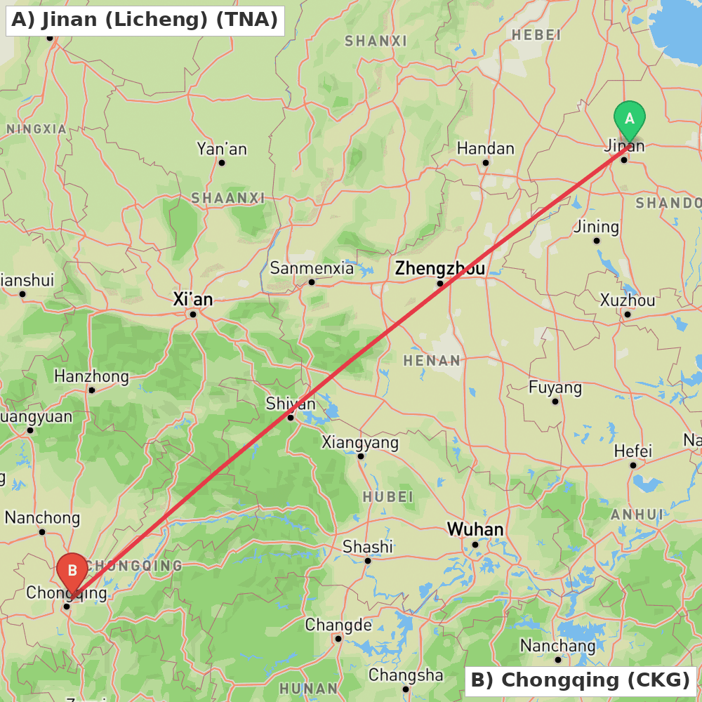 Flight route map from Jinan (Licheng) to Chongqing