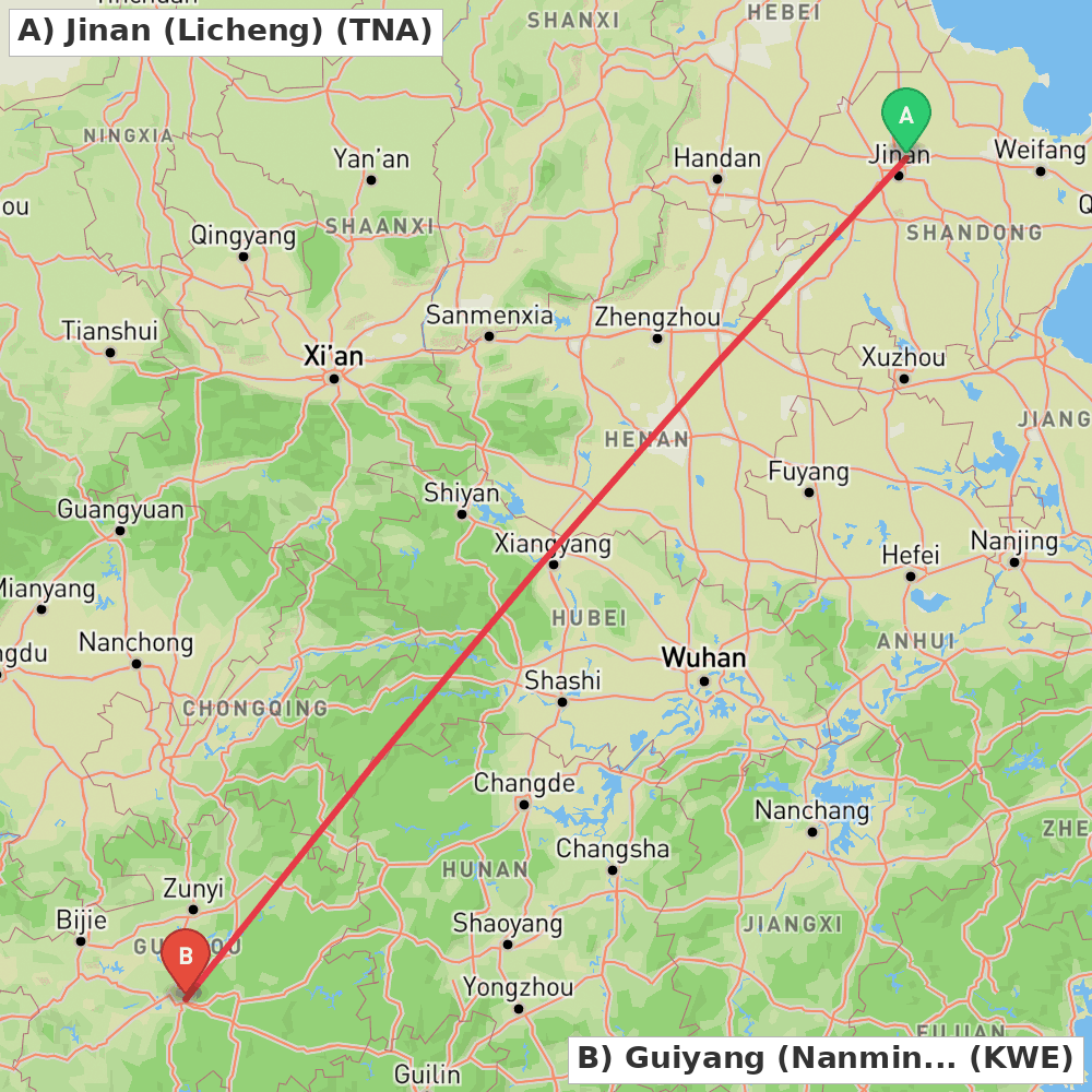 Flight route map from Jinan (Licheng) to Guiyang (Nanming)