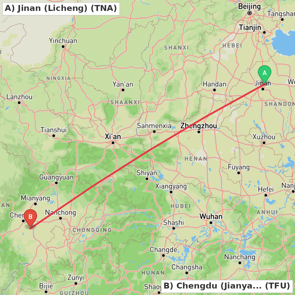 Flight route map from Jinan (Licheng) to Chengdu (Jianyang)