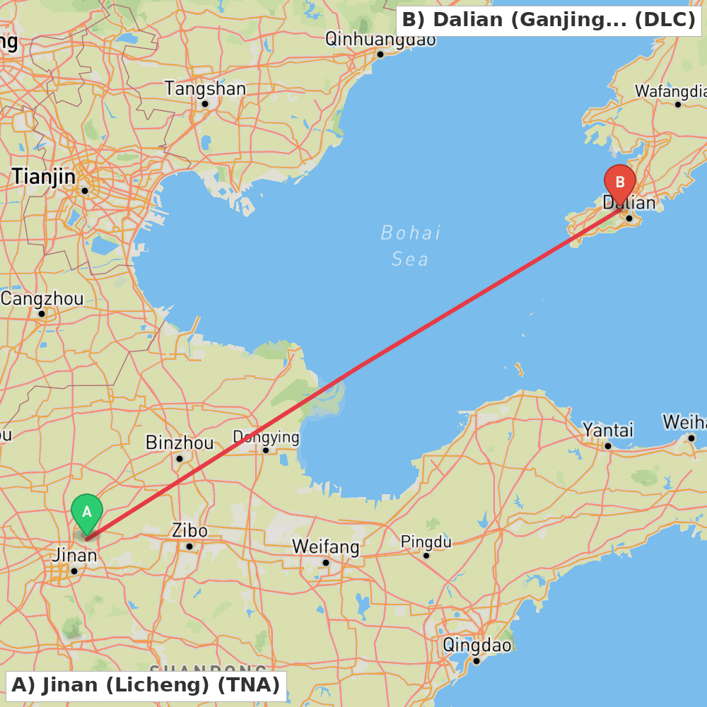 Flight route map from Jinan (Licheng) to Dalian (Ganjingzi)