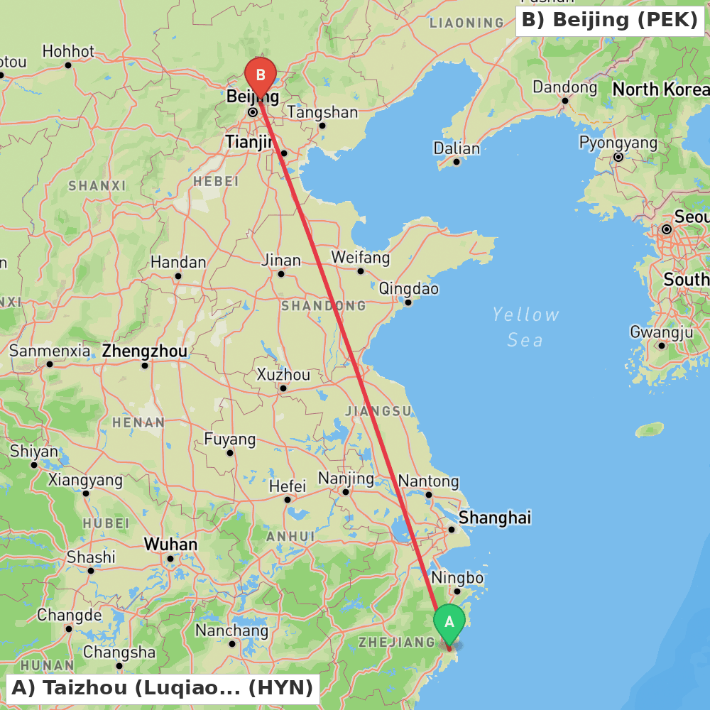 Flight route map from Taizhou (Luqiao) to Beijing