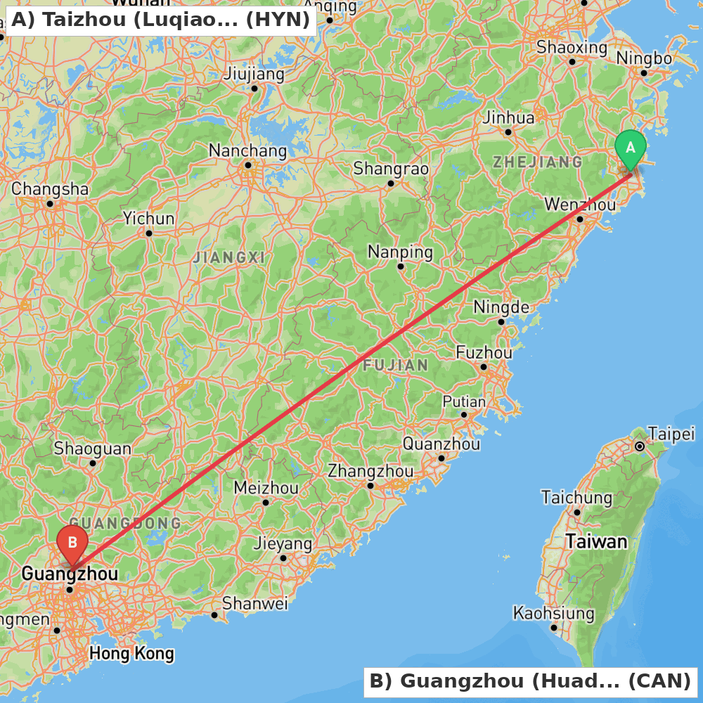 Flight route map from Taizhou (Luqiao) to Guangzhou (Huadu)