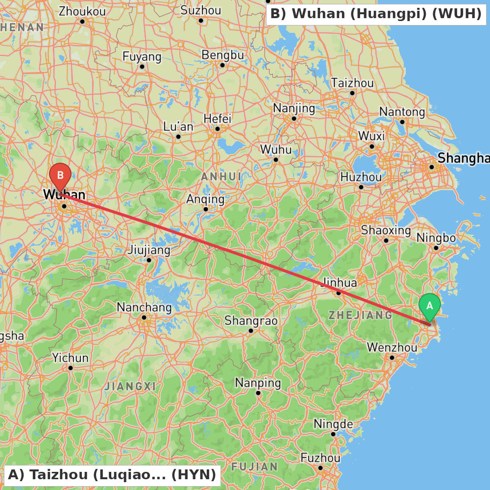 Flight route map from Taizhou (Luqiao) to Wuhan (Huangpi)