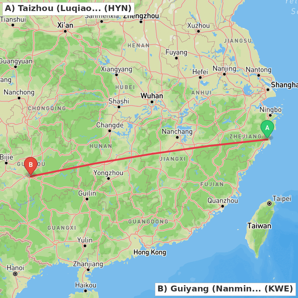 Flight route map from Taizhou (Luqiao) to Guiyang (Nanming)