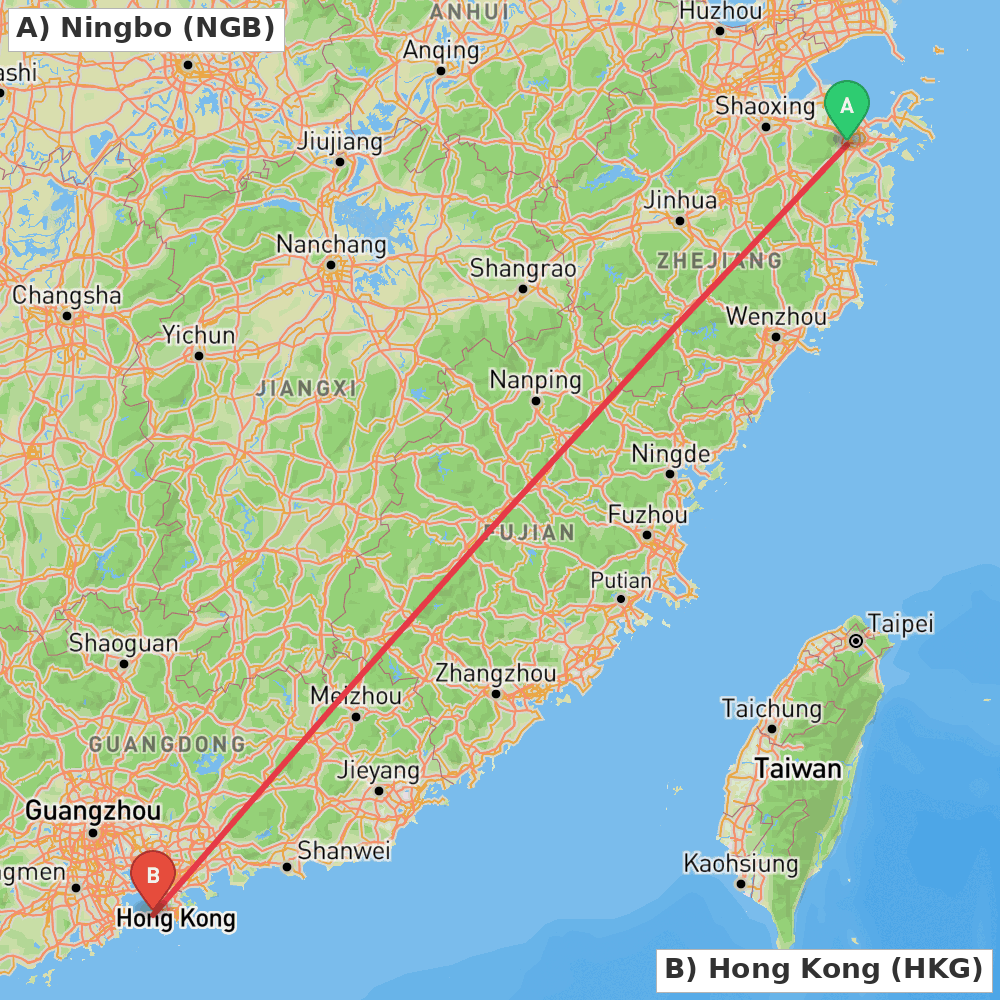 Flight route map from Ningbo to Hong Kong