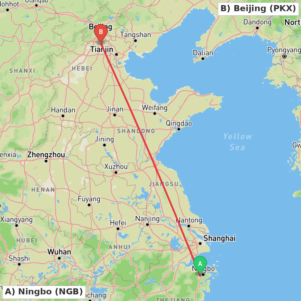 Flight route map from Ningbo to Beijing