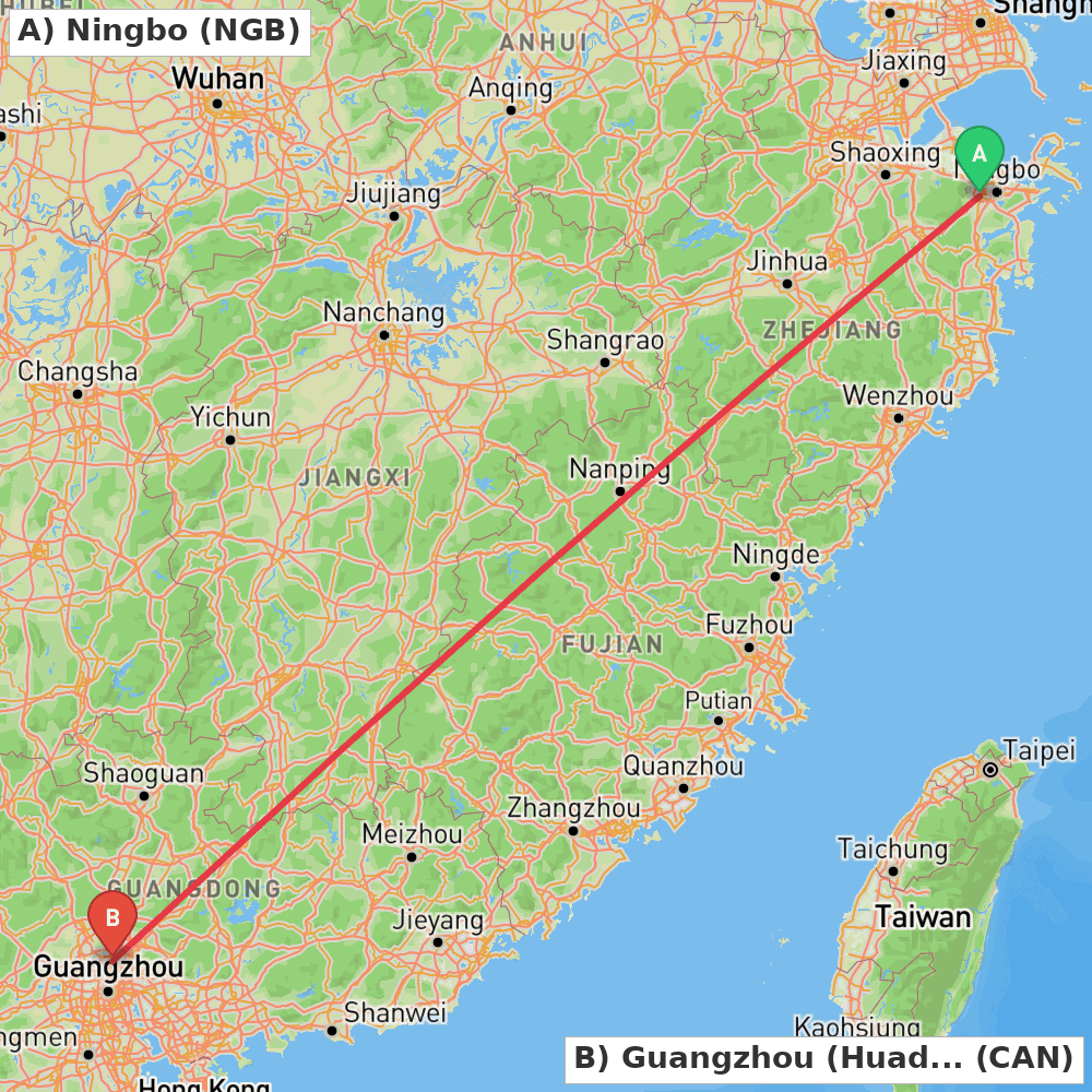 Flight route map from Ningbo to Guangzhou (Huadu)