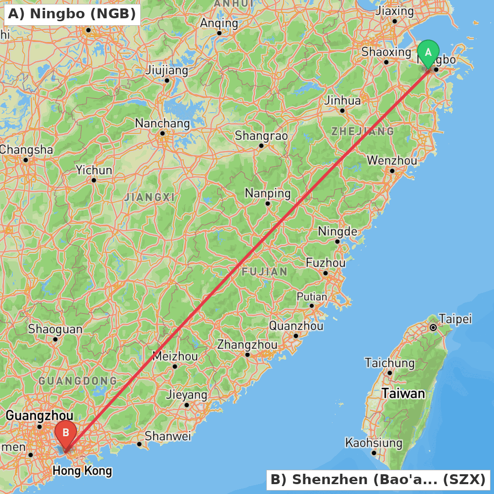 Flight route map from Ningbo to Shenzhen (Bao'an)