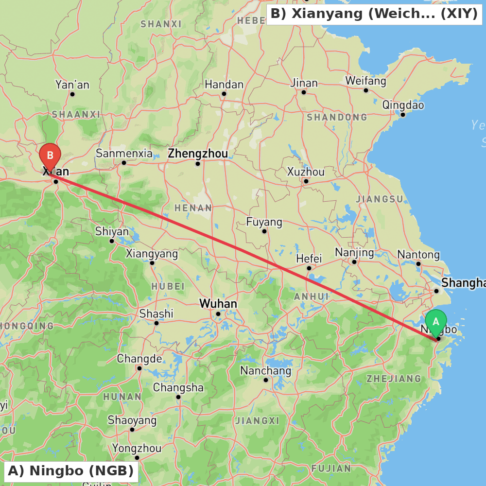 Flight route map from Ningbo to Xianyang (Weicheng)