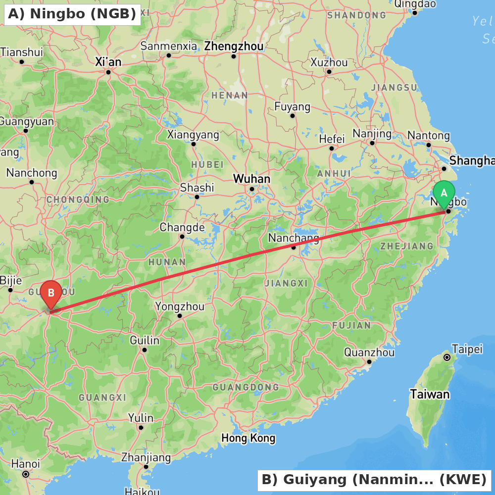 Flight route map from Ningbo to Guiyang (Nanming)