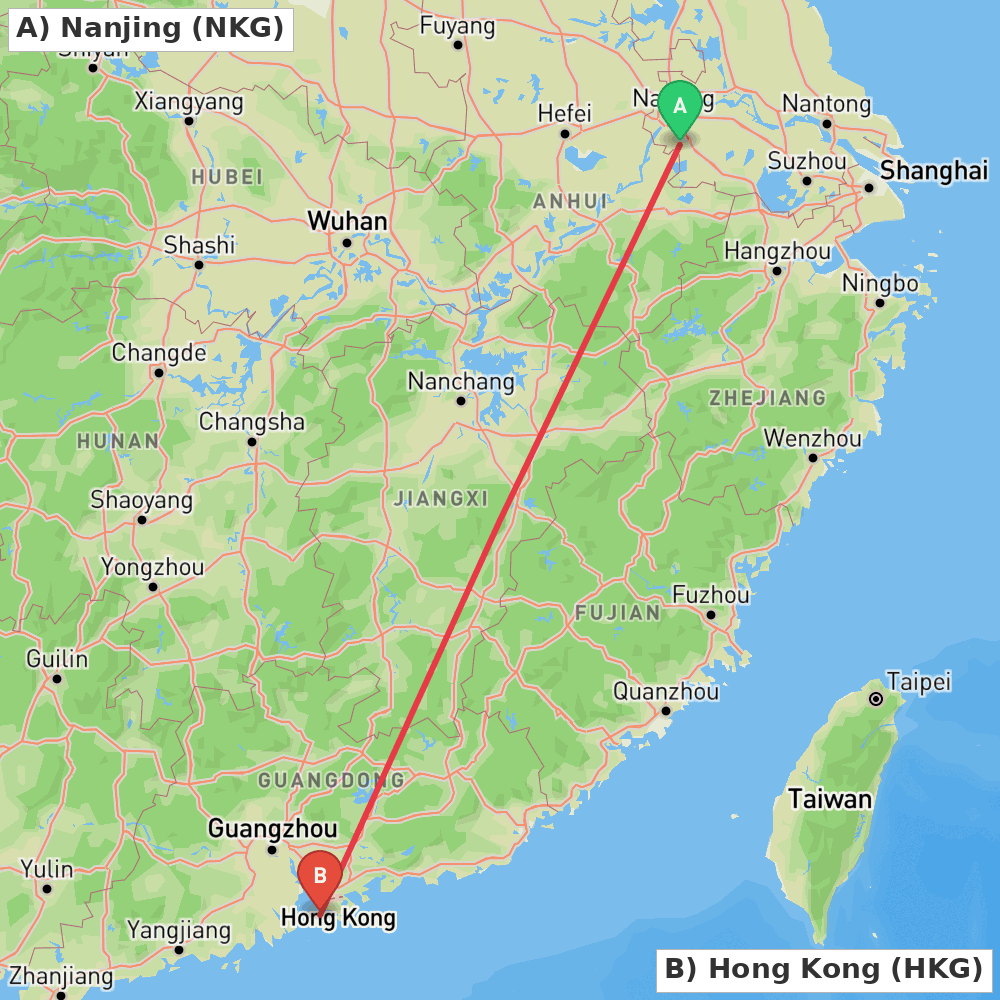 Flight route map from Nanjing to Hong Kong