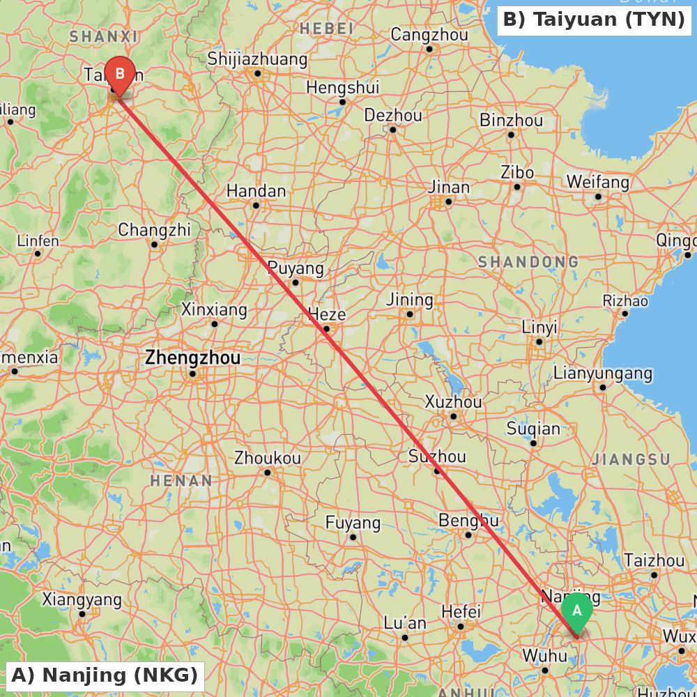 Flight route map from Nanjing to Taiyuan