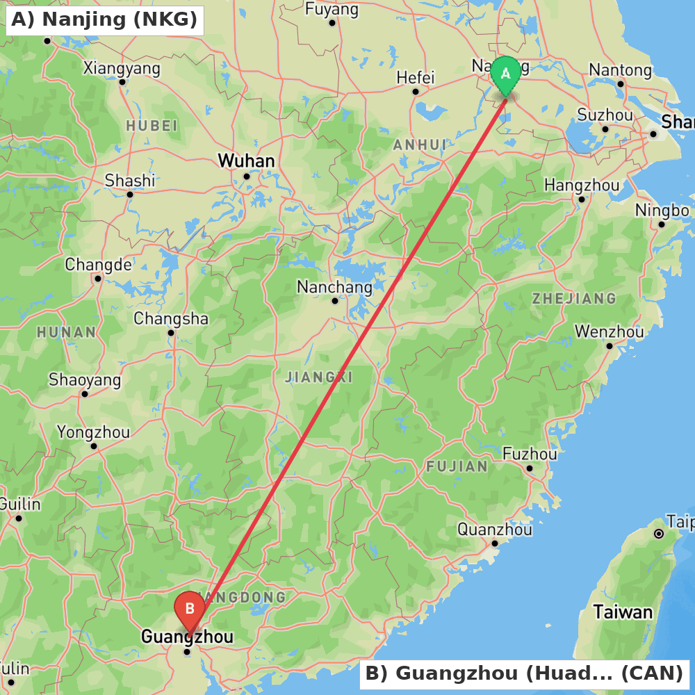 Flight route map from Nanjing to Guangzhou (Huadu)