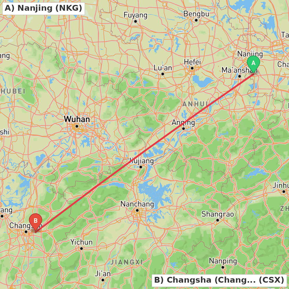 Flight route map from Nanjing to Changsha (Changsha)
