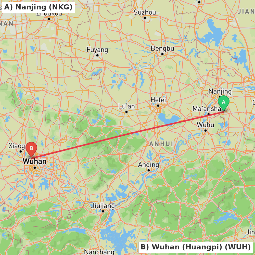Flight route map from Nanjing to Wuhan (Huangpi)