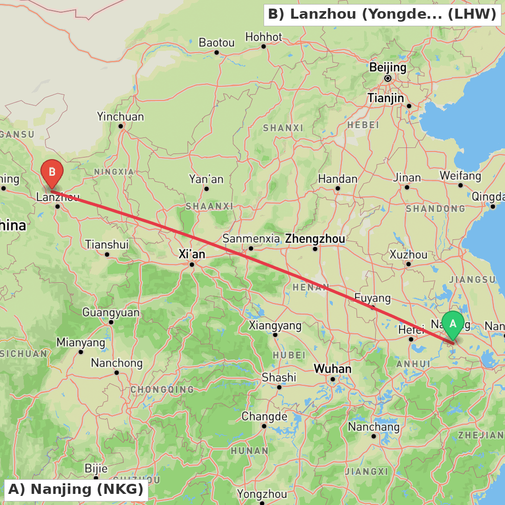 Flight route map from Nanjing to Lanzhou (Yongdeng)