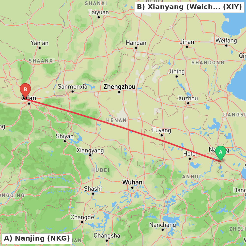 Flight route map from Nanjing to Xianyang (Weicheng)