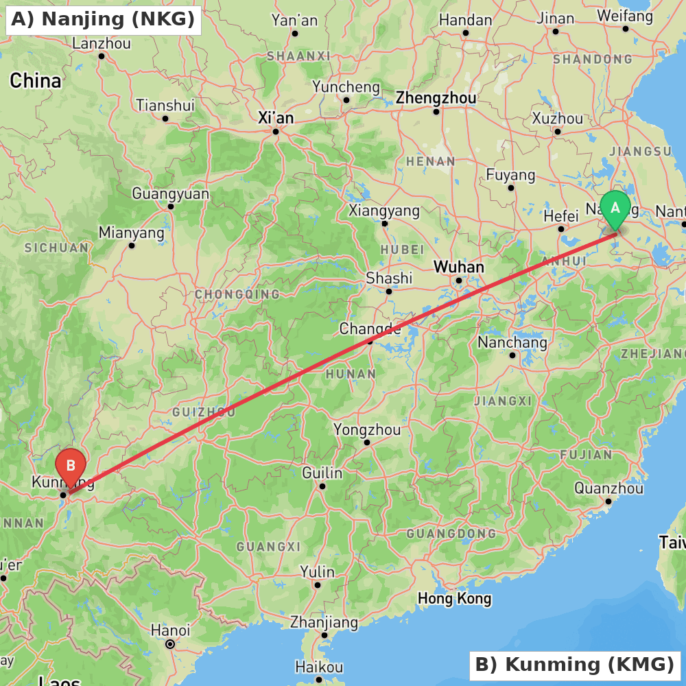 Flight route map from Nanjing to Kunming