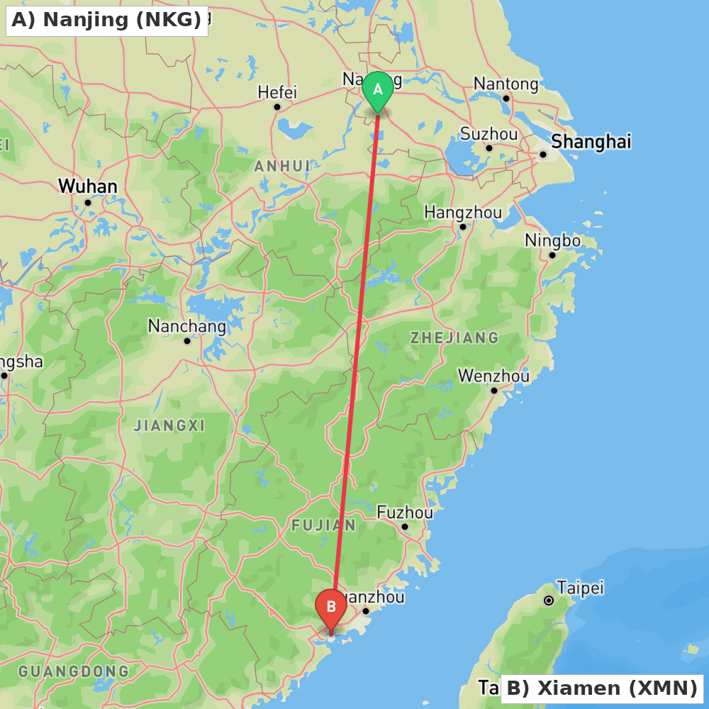 Flight route map from Nanjing to Xiamen
