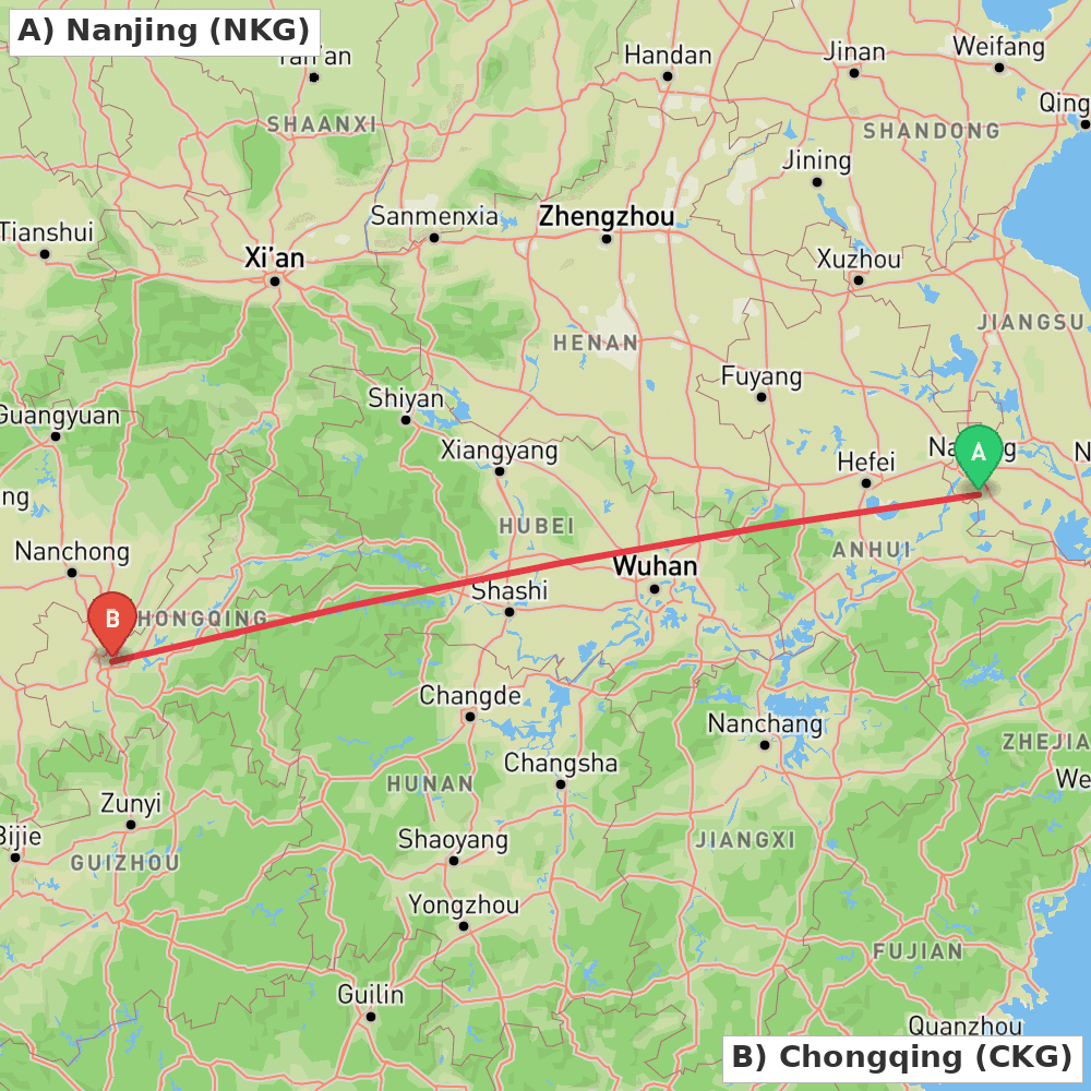 Flight route map from Nanjing to Chongqing