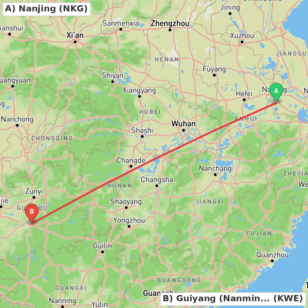 Flight route map from Nanjing to Guiyang (Nanming)