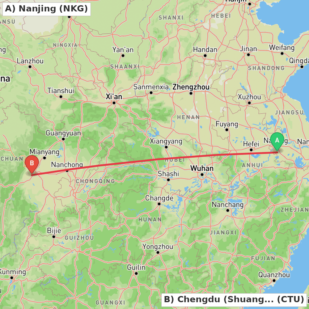 Flight route map from Nanjing to Chengdu (Shuangliu)
