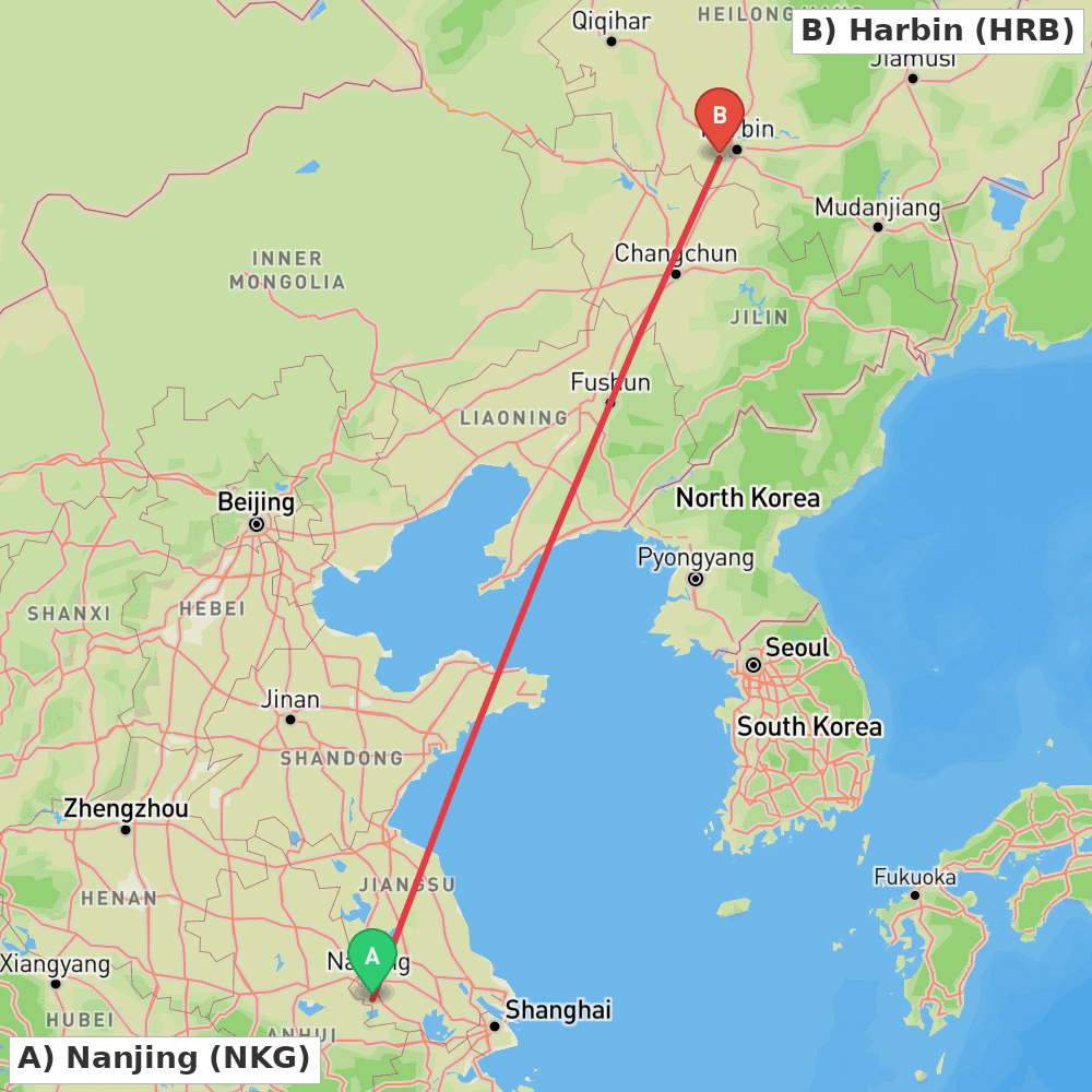 Flight route map from Nanjing to Harbin