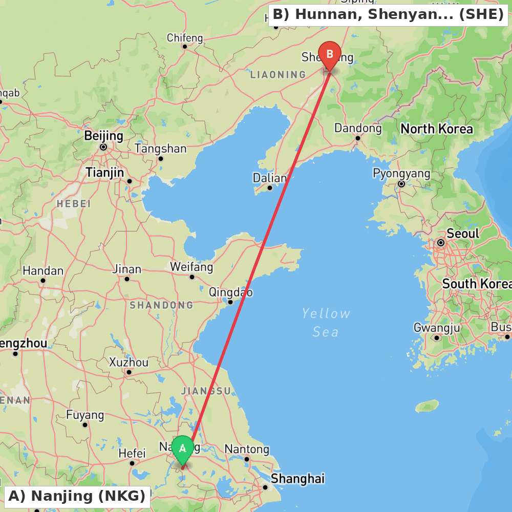 Flight route map from Nanjing to Hunnan, Shenyang