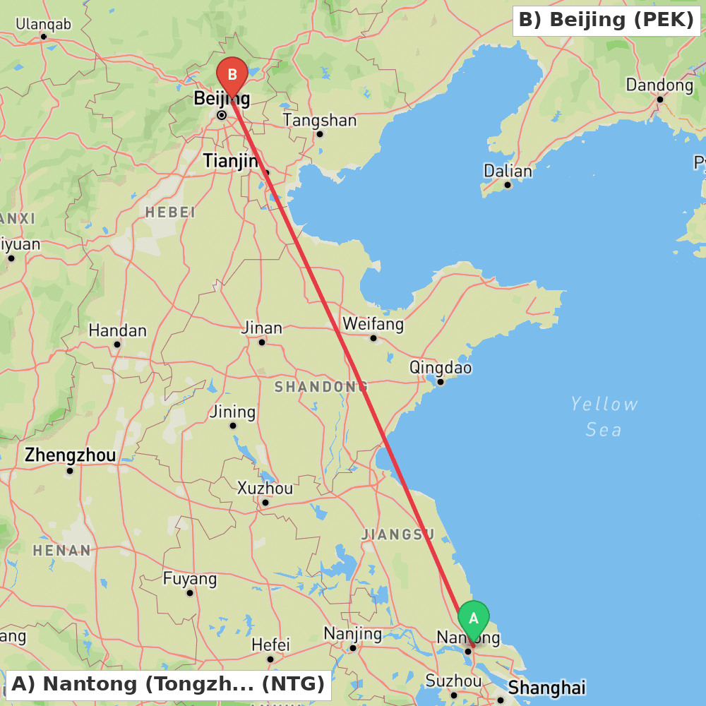 Flight route map from Nantong (Tongzhou) to Beijing