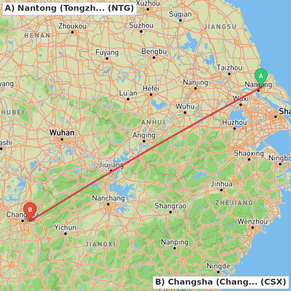 Flight route map from Nantong (Tongzhou) to Changsha (Changsha)