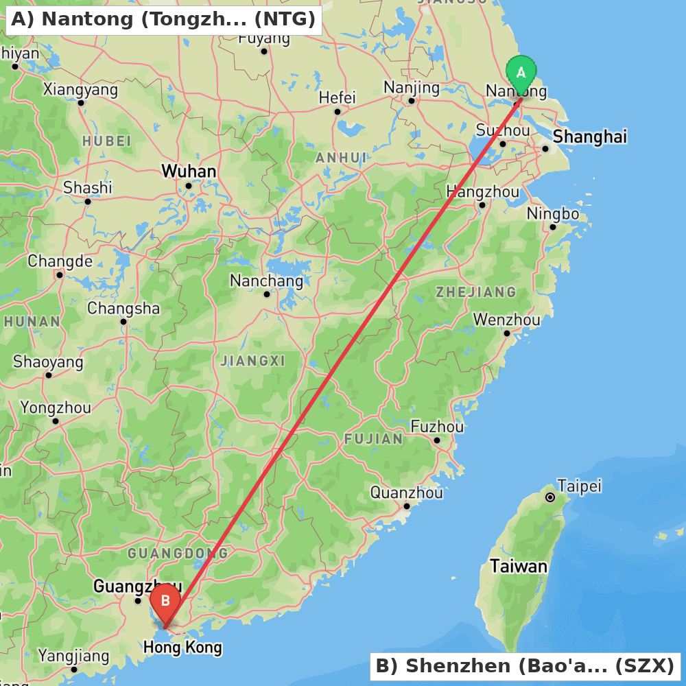 Flight route map from Nantong (Tongzhou) to Shenzhen (Bao'an)