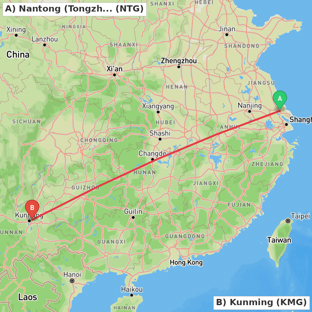 Flight route map from Nantong (Tongzhou) to Kunming
