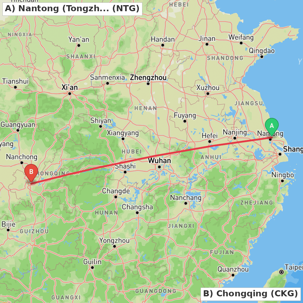 Flight route map from Nantong (Tongzhou) to Chongqing