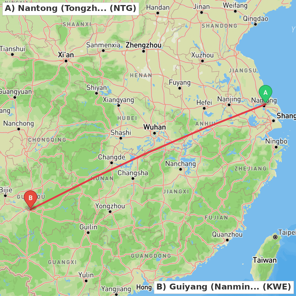 Flight route map from Nantong (Tongzhou) to Guiyang (Nanming)