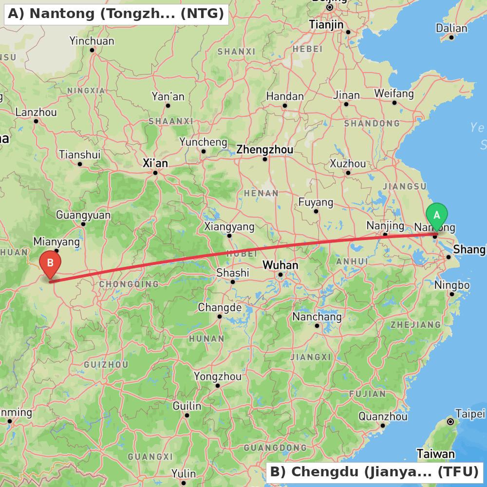 Flight route map from Nantong (Tongzhou) to Chengdu (Jianyang)