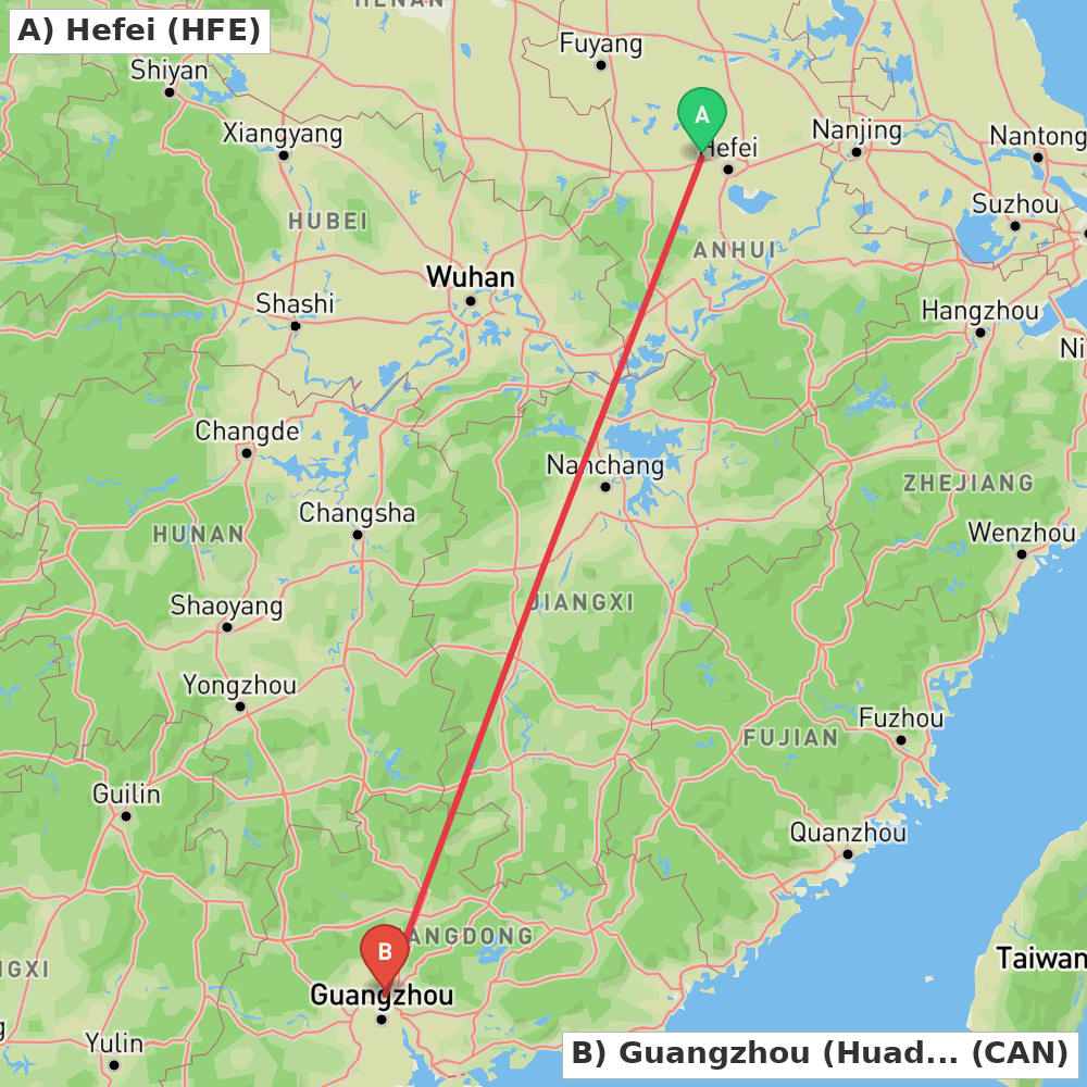 Flight route map from Hefei to Guangzhou (Huadu)