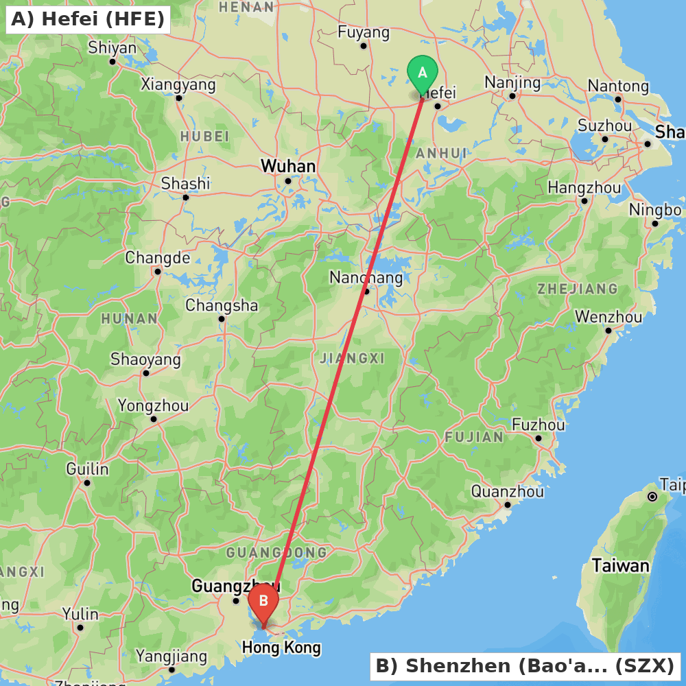 Flight route map from Hefei to Shenzhen (Bao'an)