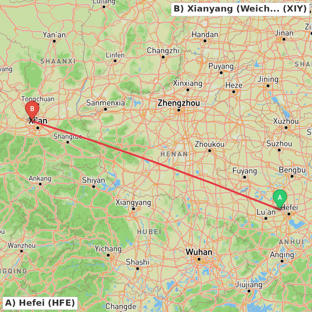 Flight route map from Hefei to Xianyang (Weicheng)