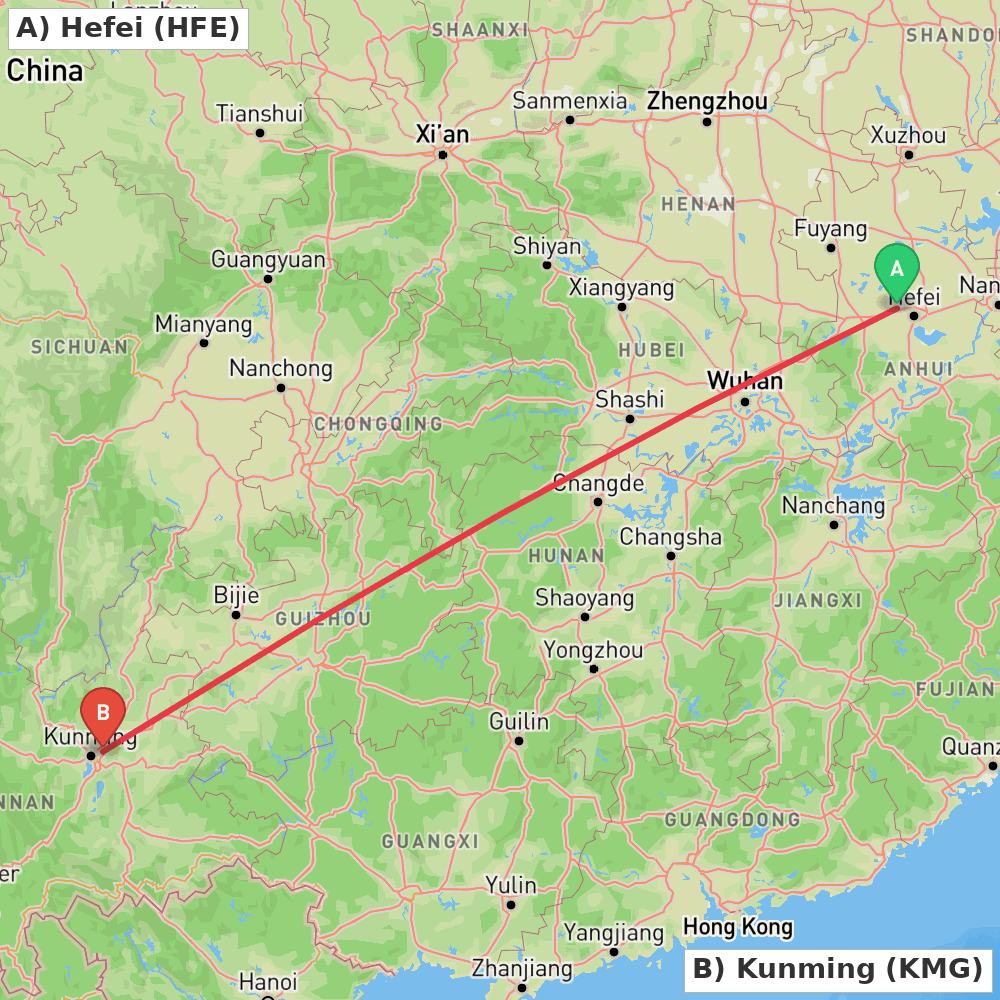 Flight route map from Hefei to Kunming