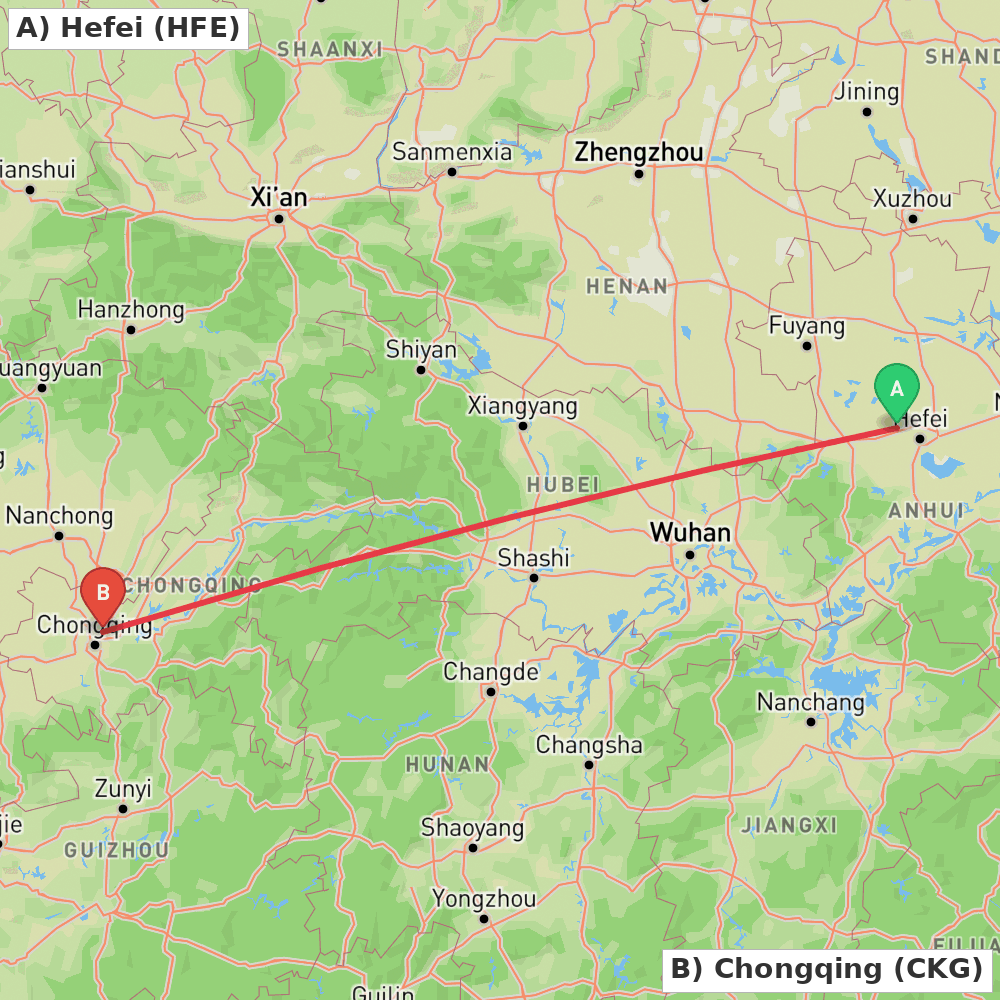 Flight route map from Hefei to Chongqing