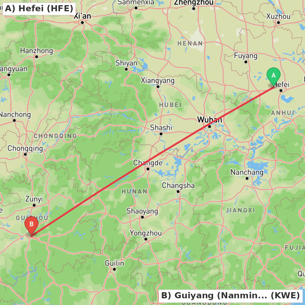 Flight route map from Hefei to Guiyang (Nanming)