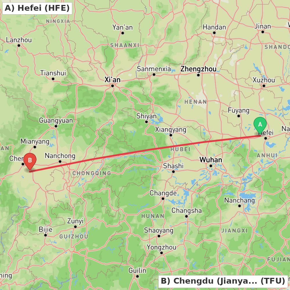 Flight route map from Hefei to Chengdu (Jianyang)