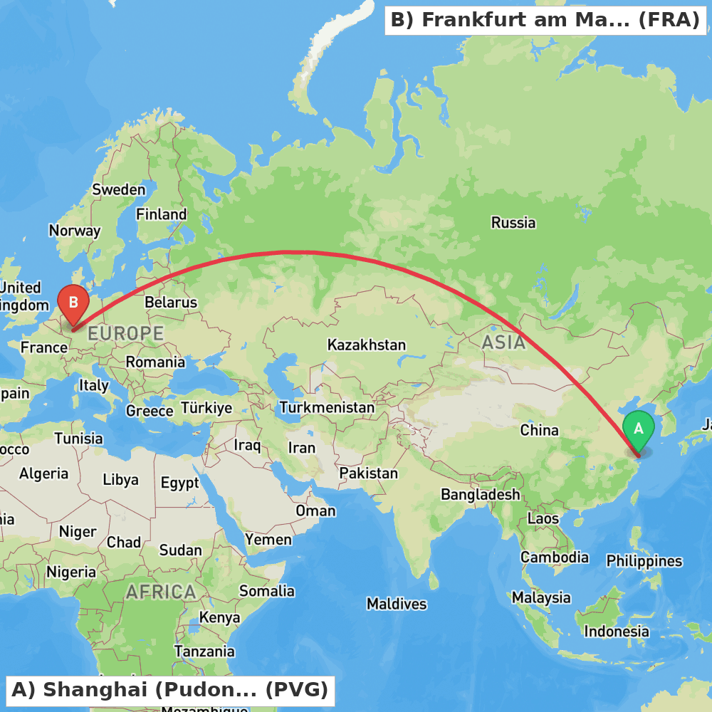 Flight route map from Shanghai (Pudong) to Frankfurt am Main