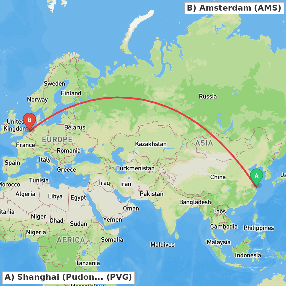 Flight route map from Shanghai (Pudong) to Amsterdam