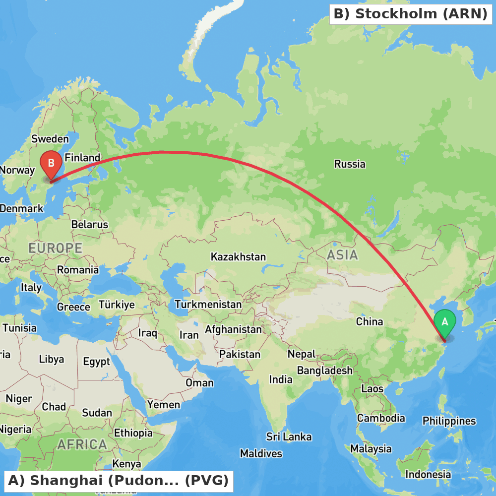 Flight route map from Shanghai (Pudong) to Stockholm