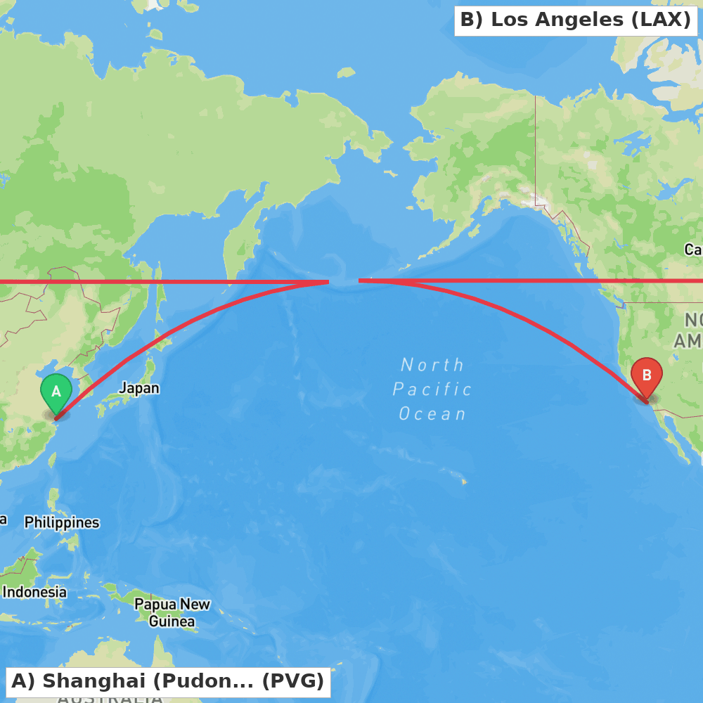 Flight route map from Shanghai (Pudong) to Los Angeles