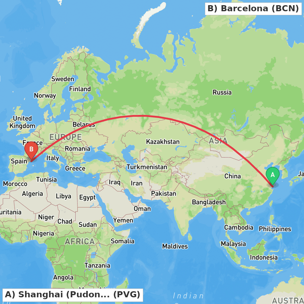 Flight route map from Shanghai (Pudong) to Barcelona
