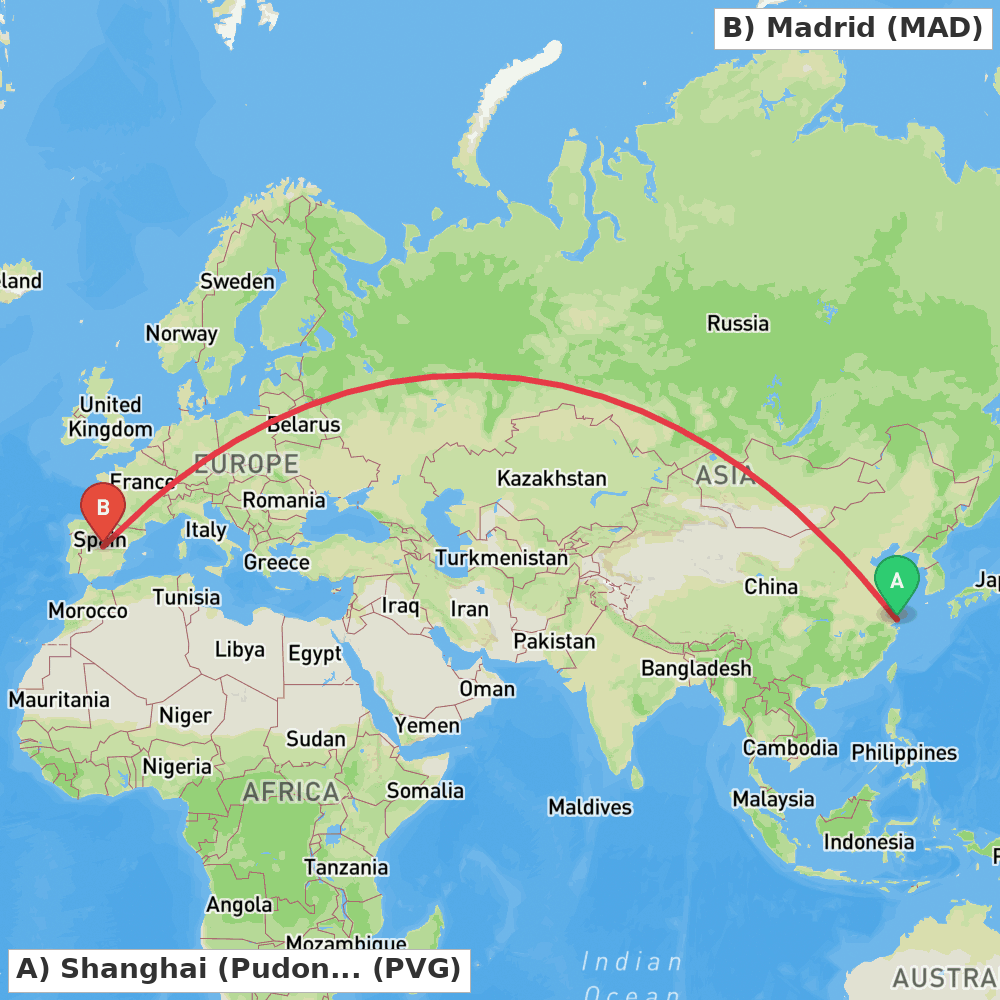 Flight route map from Shanghai (Pudong) to Madrid