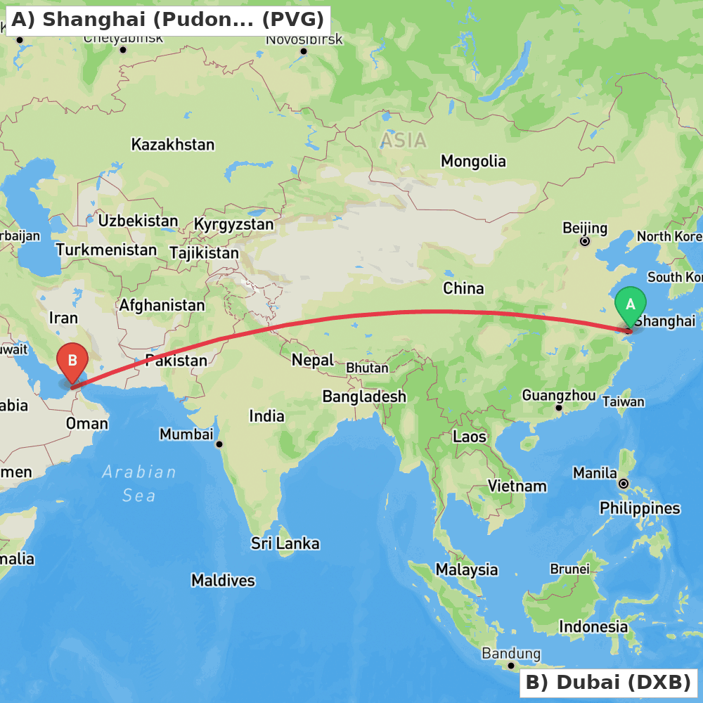 Flight route map from Shanghai (Pudong) to Dubai