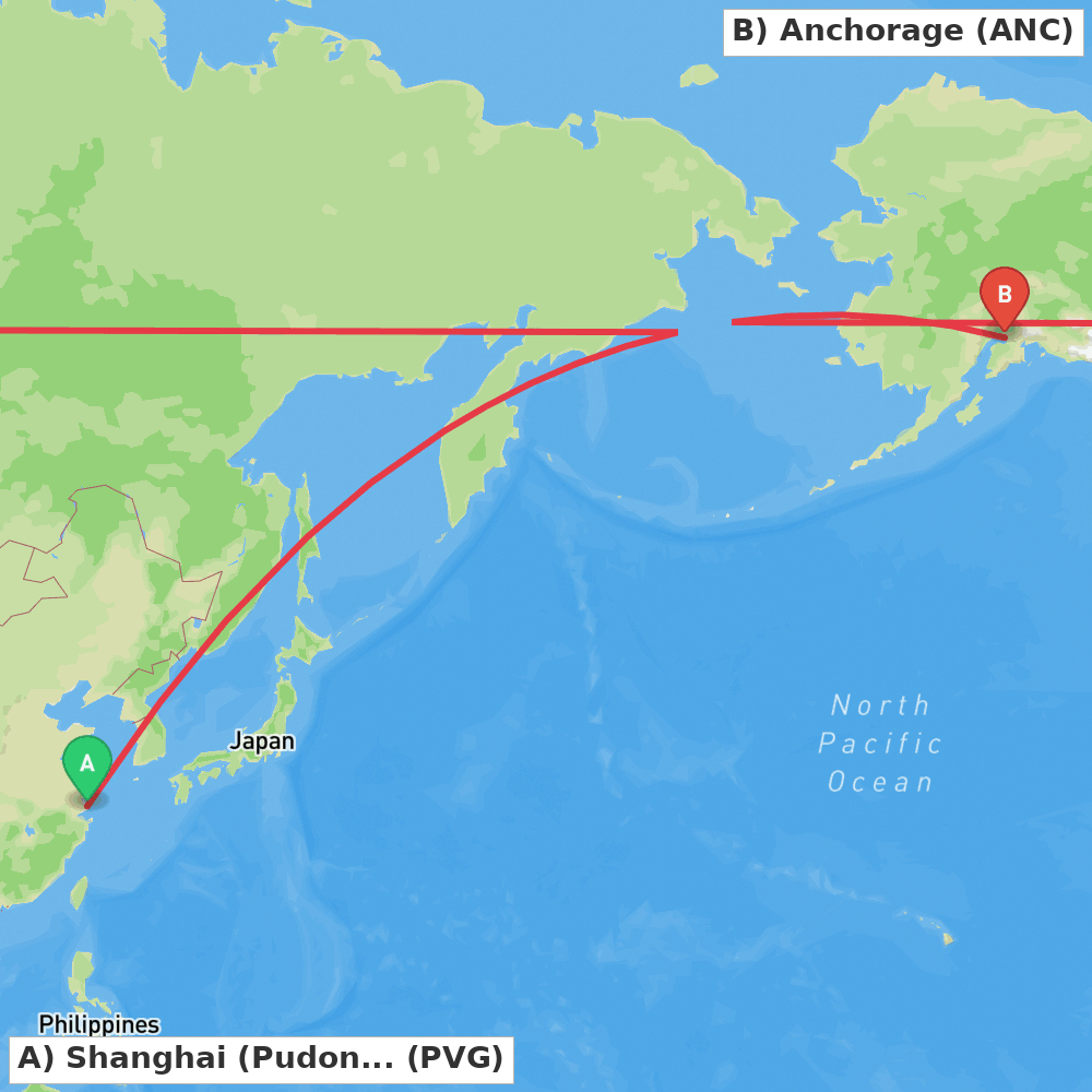 Flight route map from Shanghai (Pudong) to Anchorage